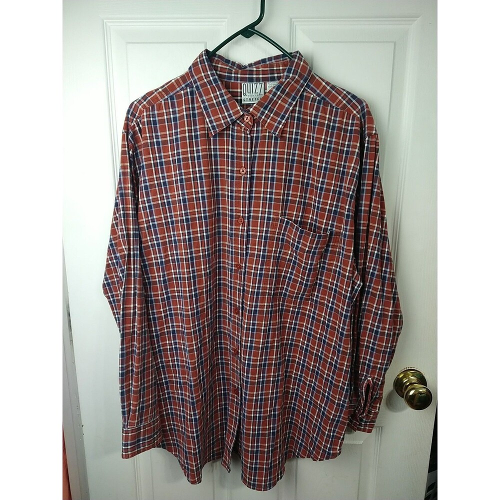 Quizz Woman 18 Collared Button Long Sleeve Shirt Rust Blue Plaid Norm Core...